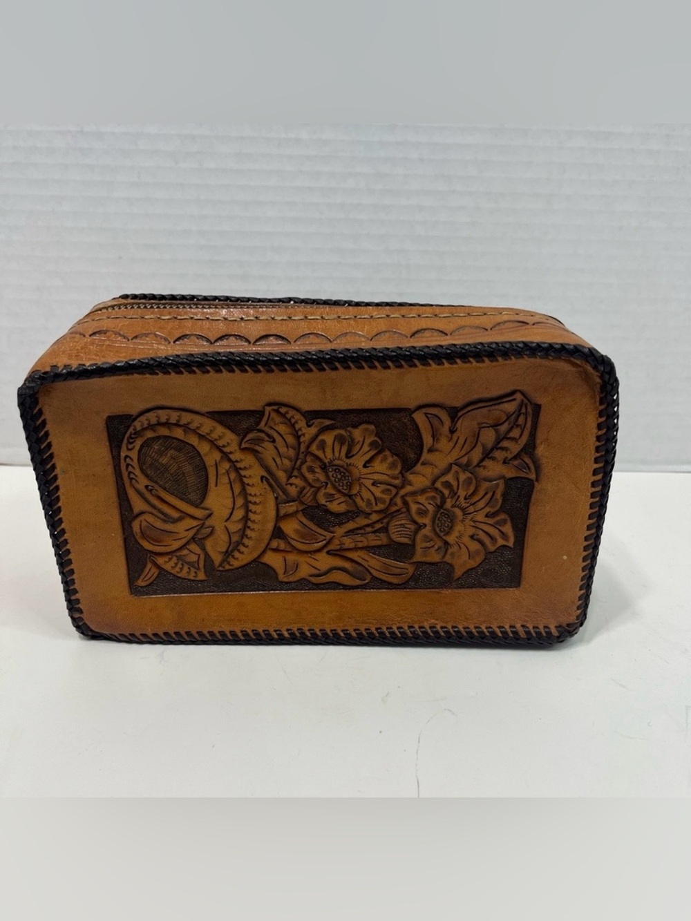 VINTAGE hand tooled leather purse or cosmetic bag